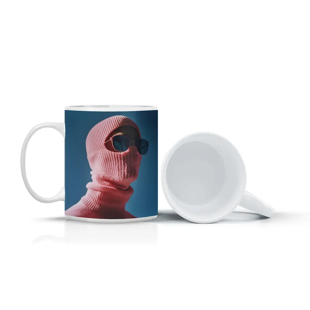 Pink Balaclava Sunglasses Blue Sky Background – Mugs