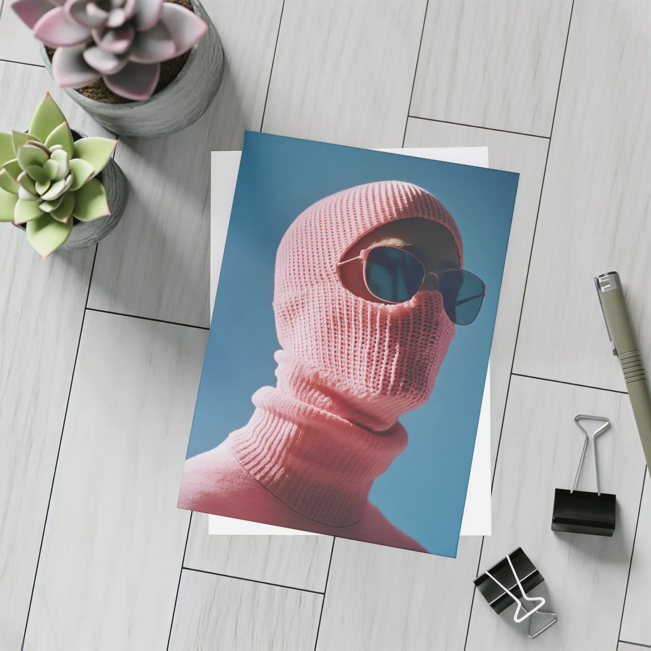 Pink Balaclava Sunglasses Blue Sky Background – Postcards