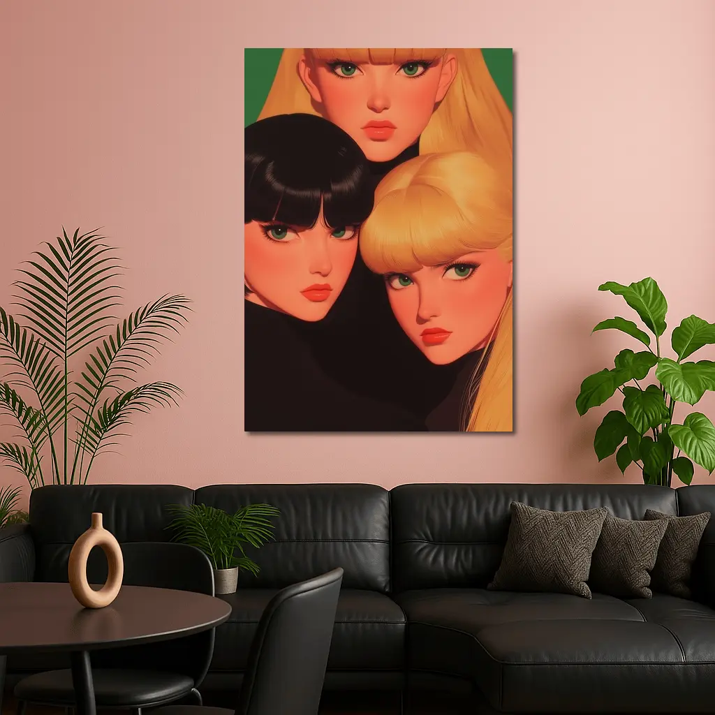 Three Women Illustration Green Background Pop Art – Wall Art