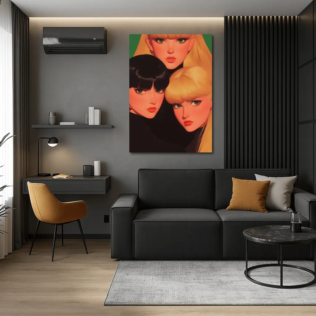 Three Women Illustration Green Background Pop Art – Wall Art