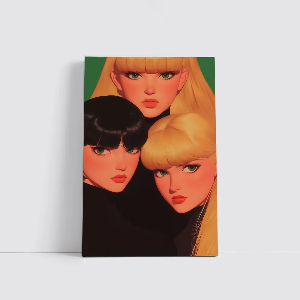 Three Women Illustration Green Background Pop Art – Wall Art