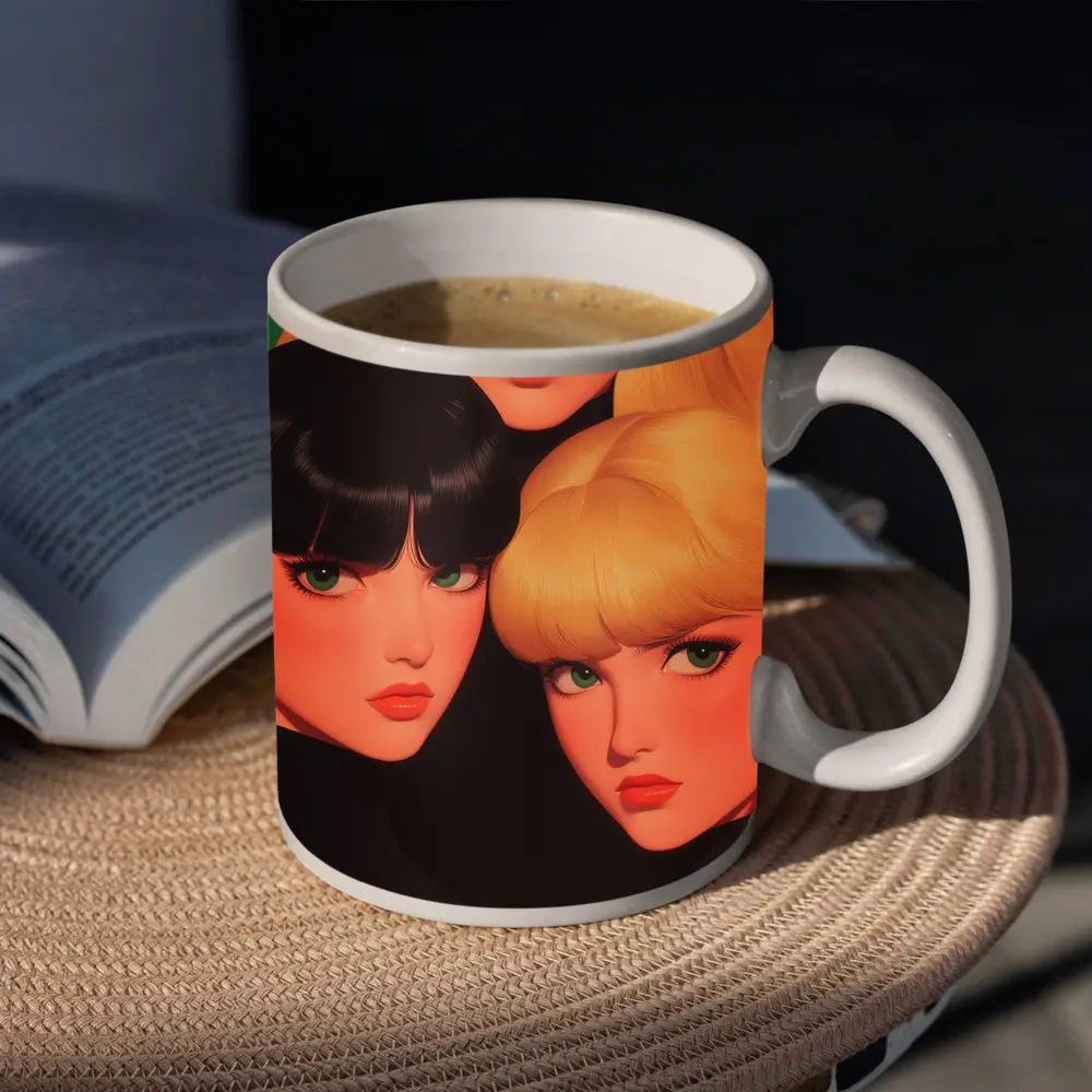 Three Women Illustration Green Background Pop Art – Mugs