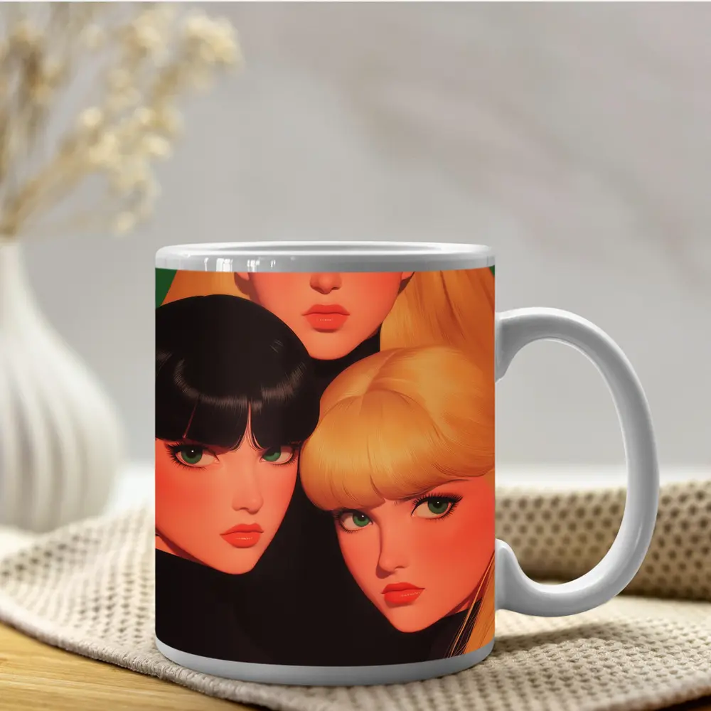 Three Women Illustration Green Background Pop Art – Mugs
