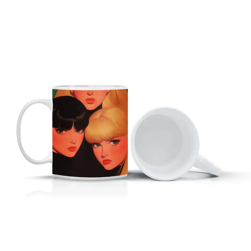 Three Women Illustration Green Background Pop Art – Mugs