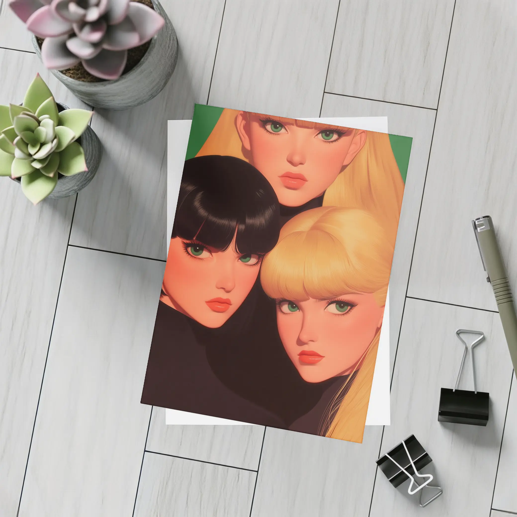 Three Women Illustration Green Background Pop Art – Postcards