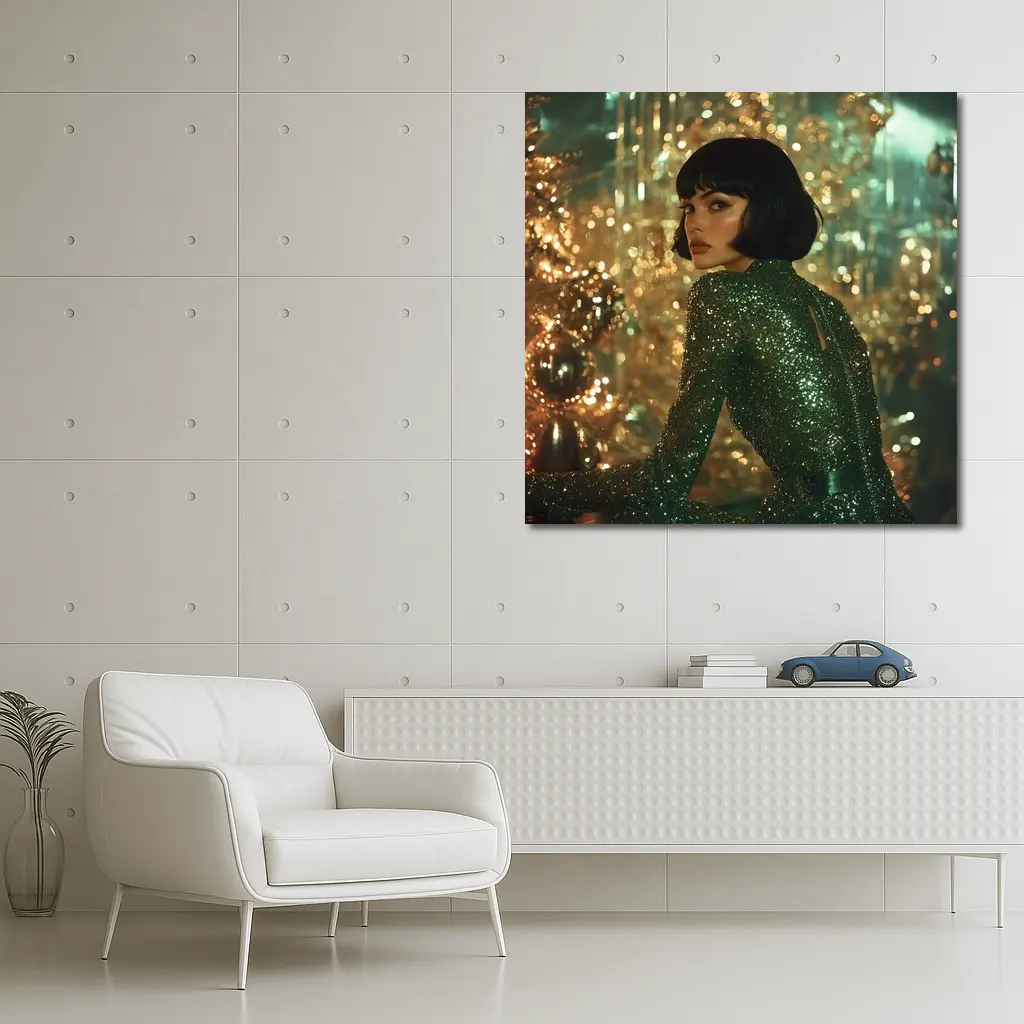Glamorous Woman Green Sequin Dress Gold Background – Wall Art