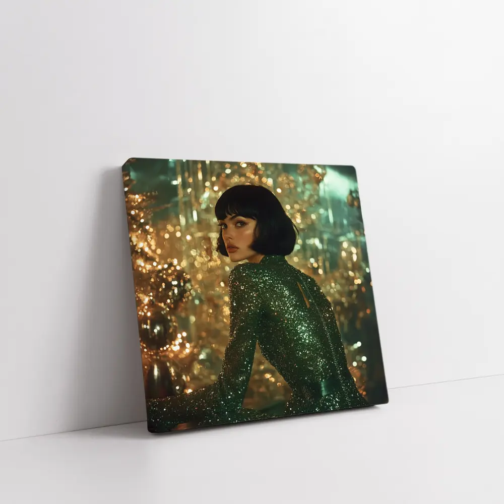 Glamorous Woman Green Sequin Dress Gold Background – Wall Art