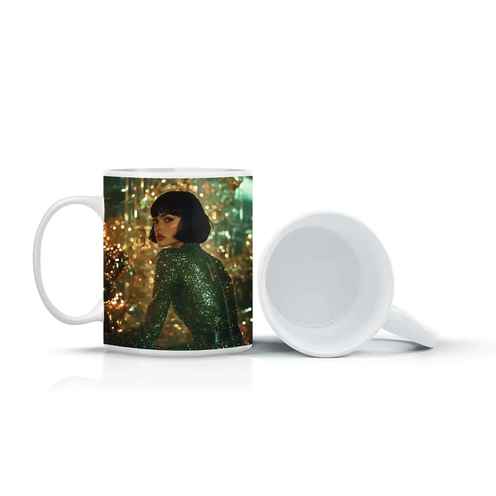 Glamorous Woman Green Sequin Dress Gold Background – Mugs