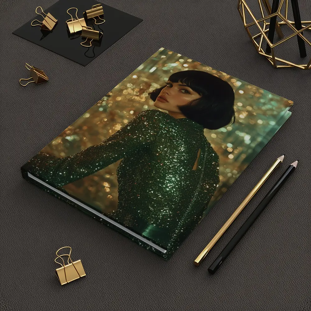 Glamorous Woman Green Sequin Dress Gold Background – Notebooks