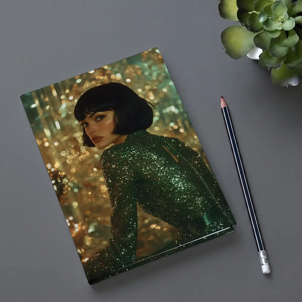 Glamorous Woman Green Sequin Dress Gold Background – Notebooks