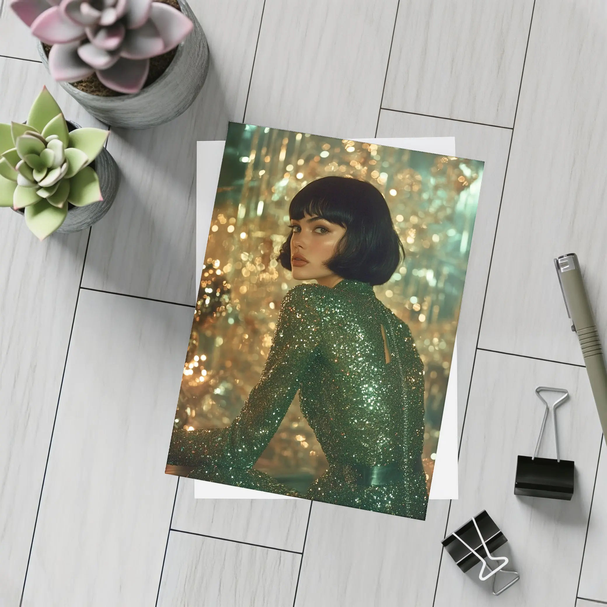 Glamorous Woman Green Sequin Dress Gold Background – Postcards