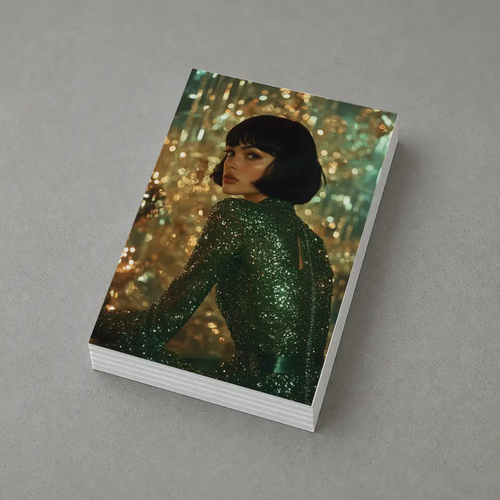 Glamorous Woman Green Sequin Dress Gold Background – Postcards
