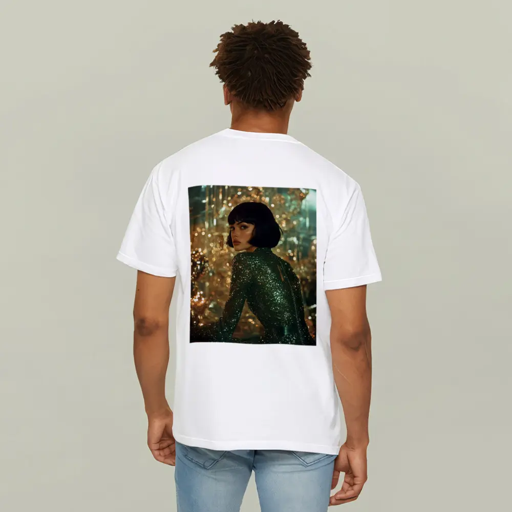 Glamorous Woman Green Sequin Dress Gold Background – T-Shirts