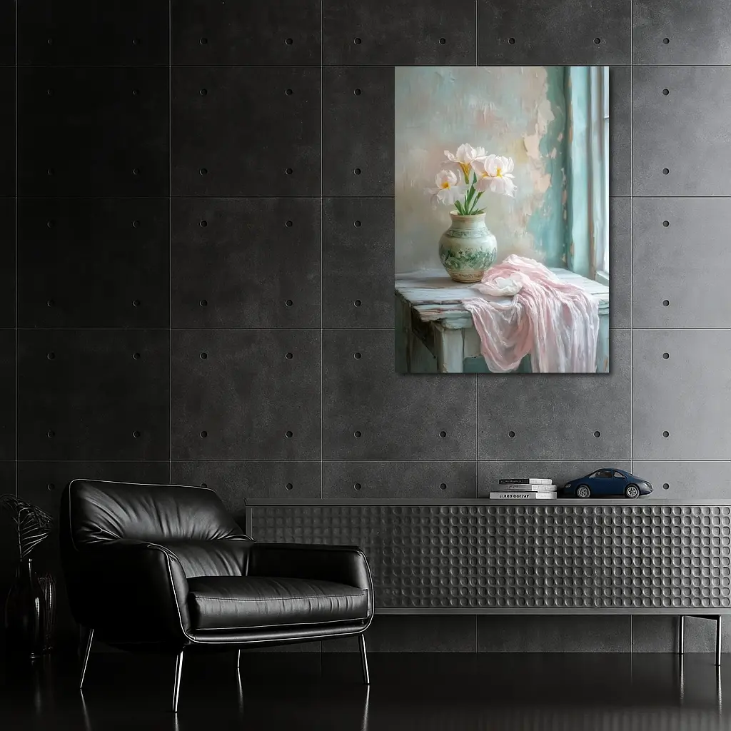 White Iris Flowers Vase Soft Pastel Still Life – Wall Art
