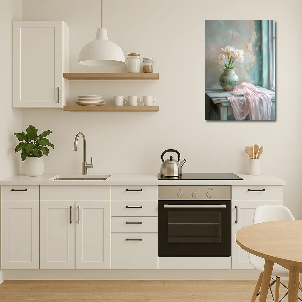 White Iris Flowers Vase Soft Pastel Still Life – Wall Art