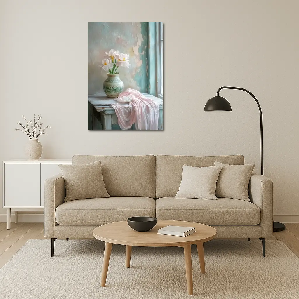 White Iris Flowers Vase Soft Pastel Still Life – Wall Art
