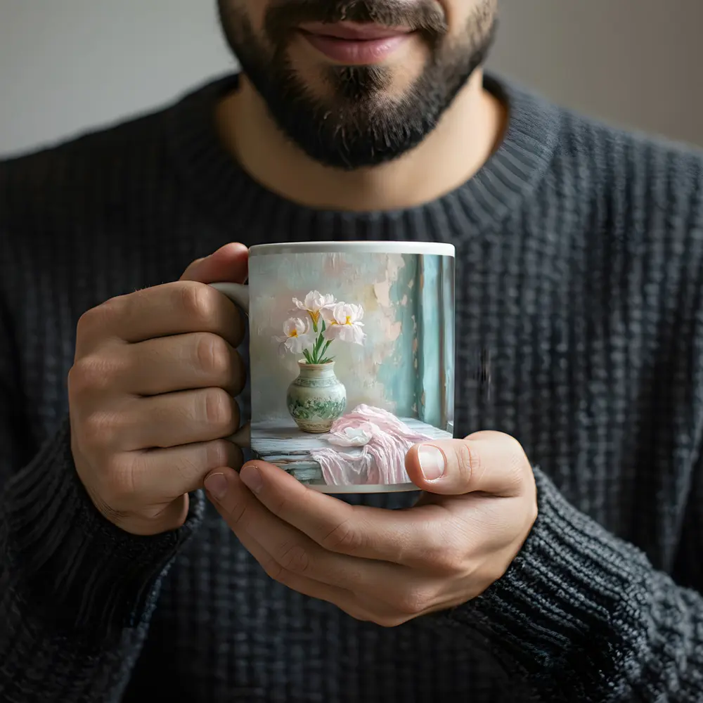 White Iris Flowers Vase Soft Pastel Still Life – Mugs