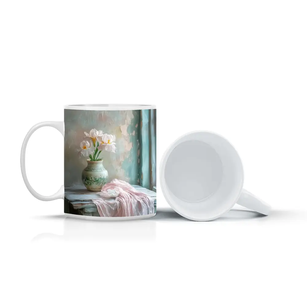 White Iris Flowers Vase Soft Pastel Still Life – Mugs