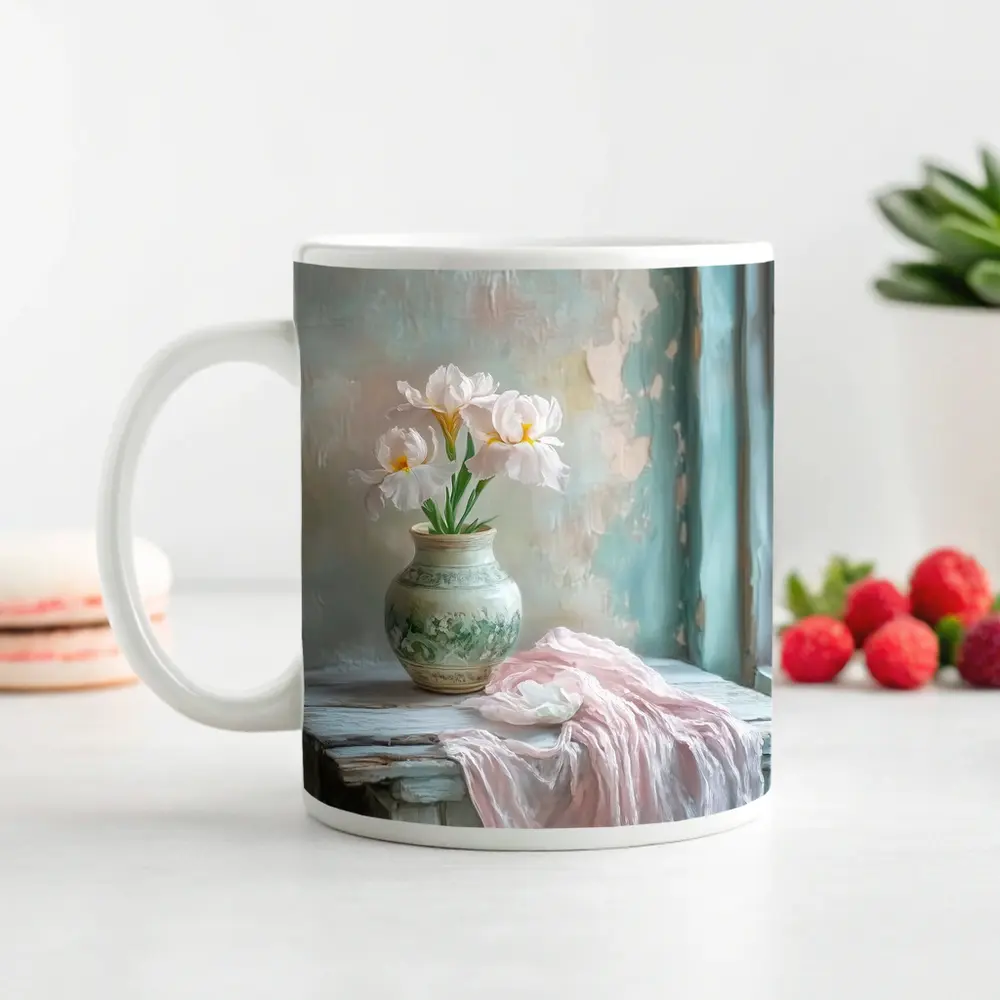 White Iris Flowers Vase Soft Pastel Still Life – Mugs