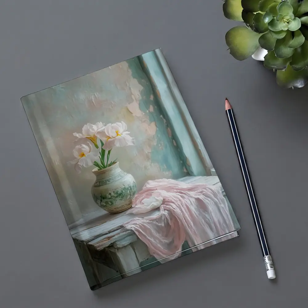 White Iris Flowers Vase Soft Pastel Still Life – Notebooks