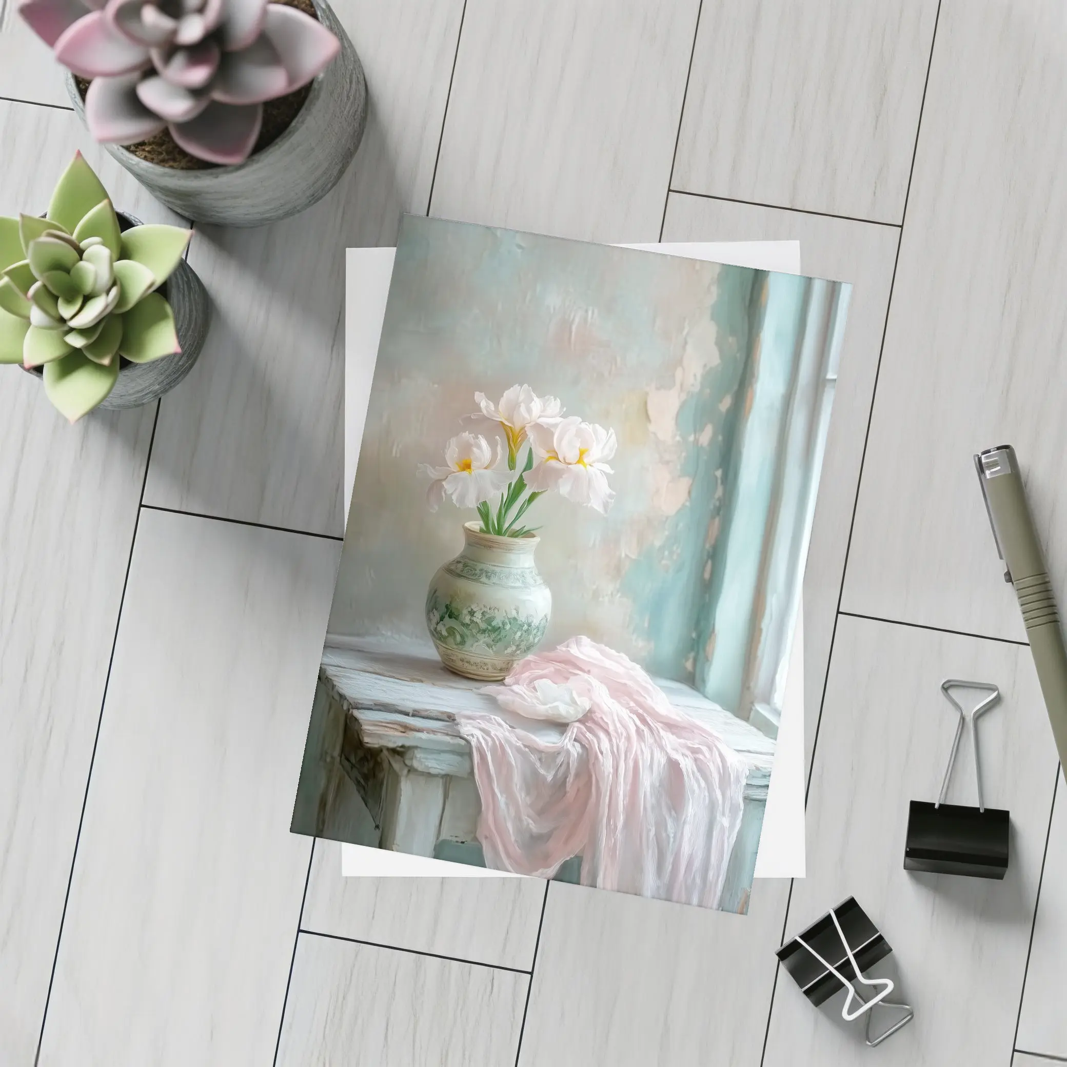White Iris Flowers Vase Soft Pastel Still Life – Postcards
