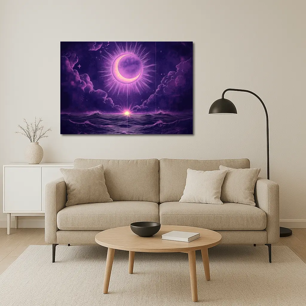 Crescent Moon Over Purple Ocean Night Sky – Wall Art