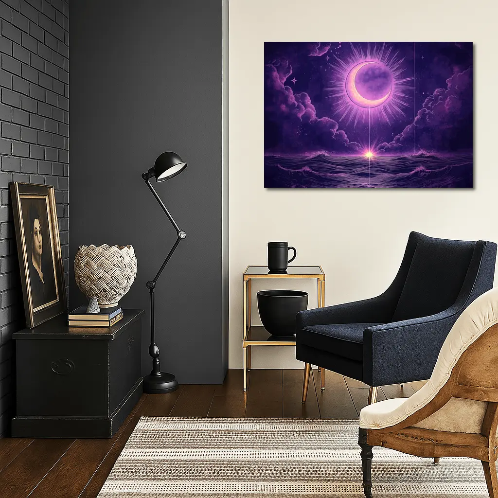 Crescent Moon Over Purple Ocean Night Sky – Wall Art