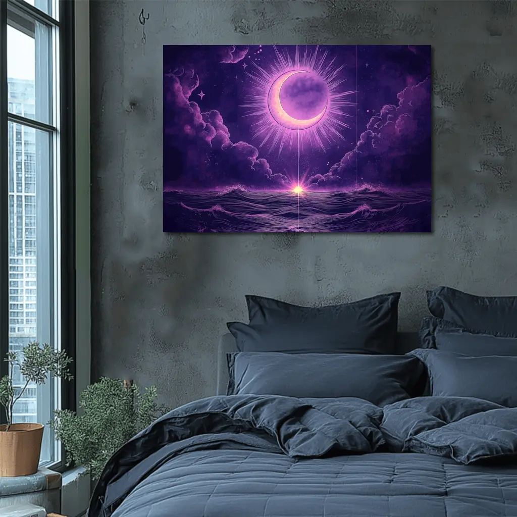 Crescent Moon Over Purple Ocean Night Sky – Wall Art