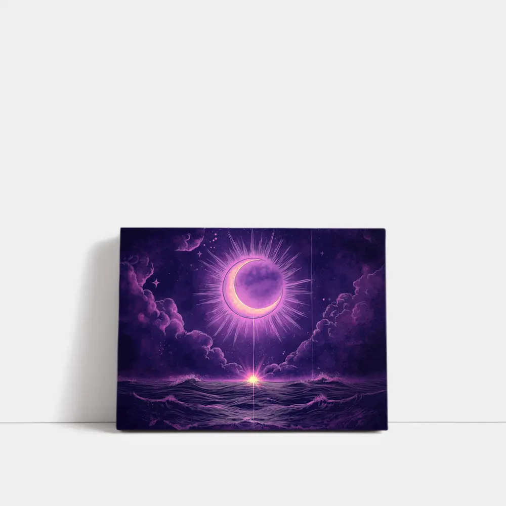 Crescent Moon Over Purple Ocean Night Sky – Wall Art