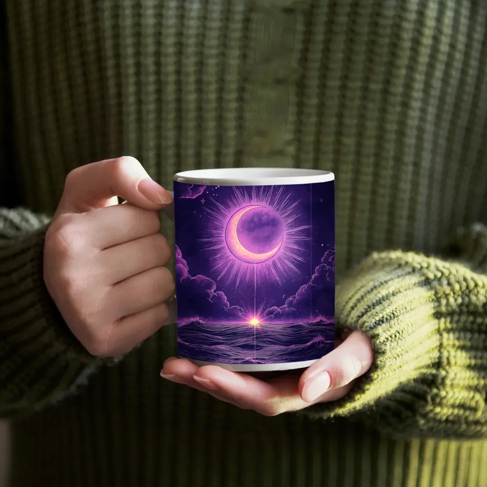 Crescent Moon Over Purple Ocean Night Sky – Mugs