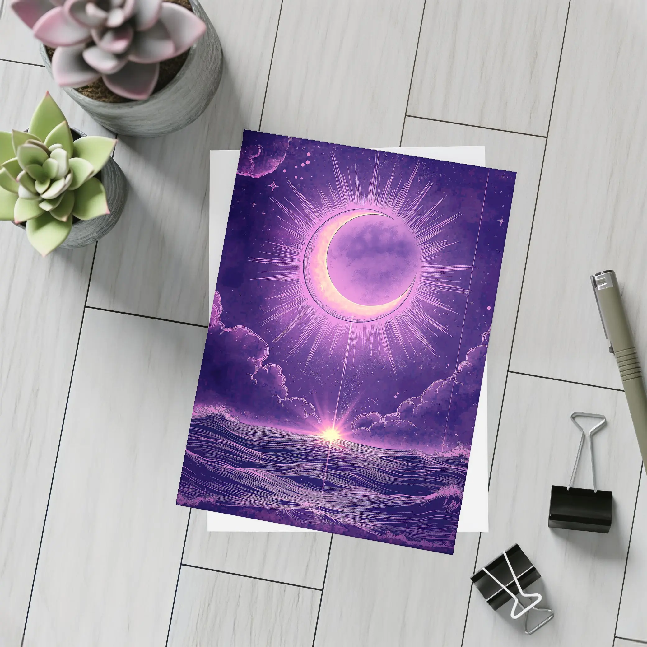Crescent Moon Over Purple Ocean Night Sky – Postcards