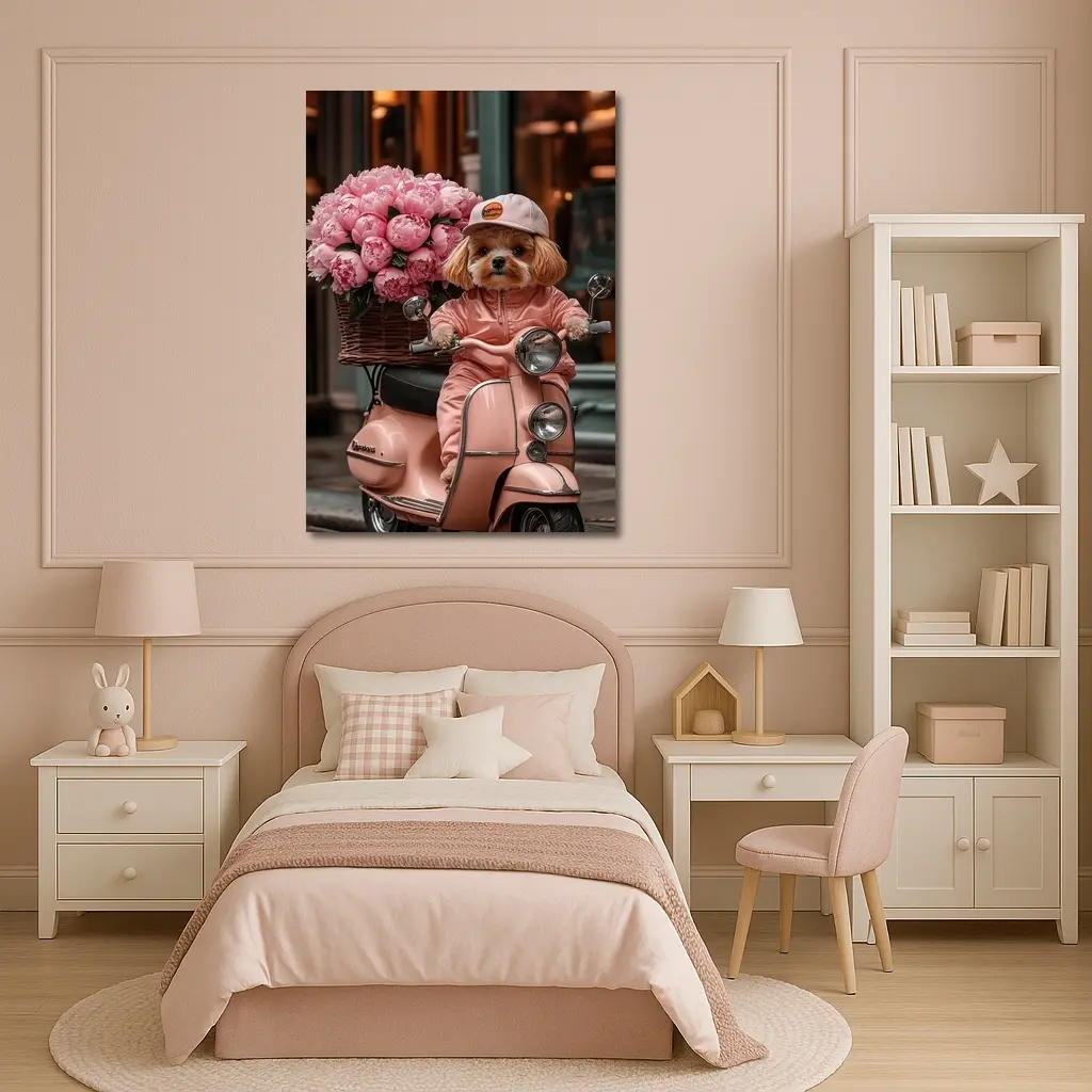 Cute Dog Riding Pink Scooter With Peonies – Wall Art