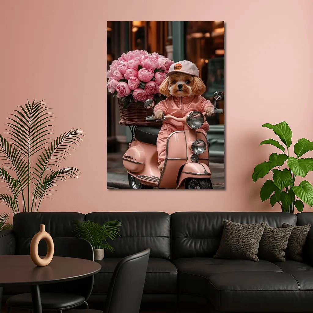 Cute Dog Riding Pink Scooter With Peonies – Wall Art