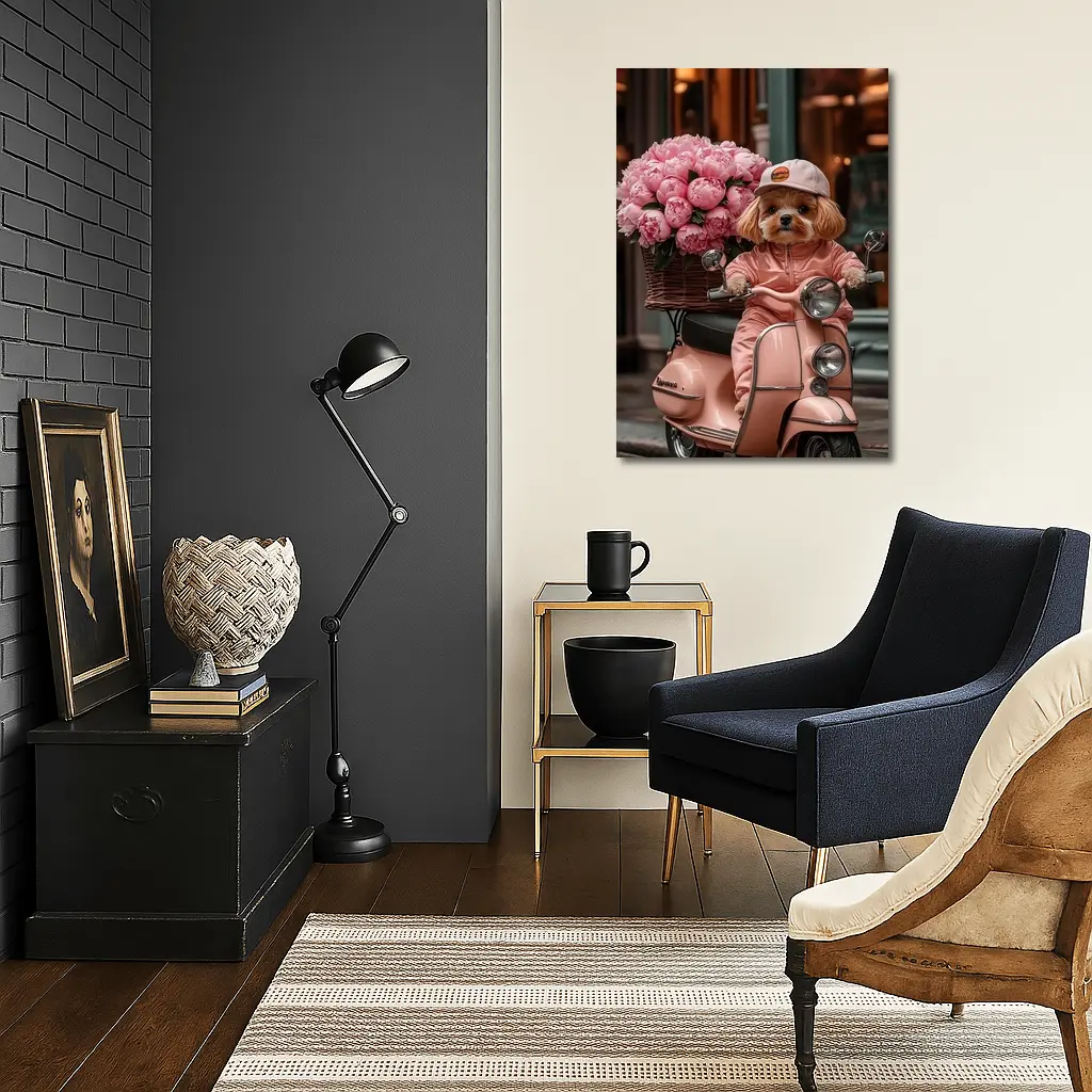 Cute Dog Riding Pink Scooter With Peonies – Wall Art