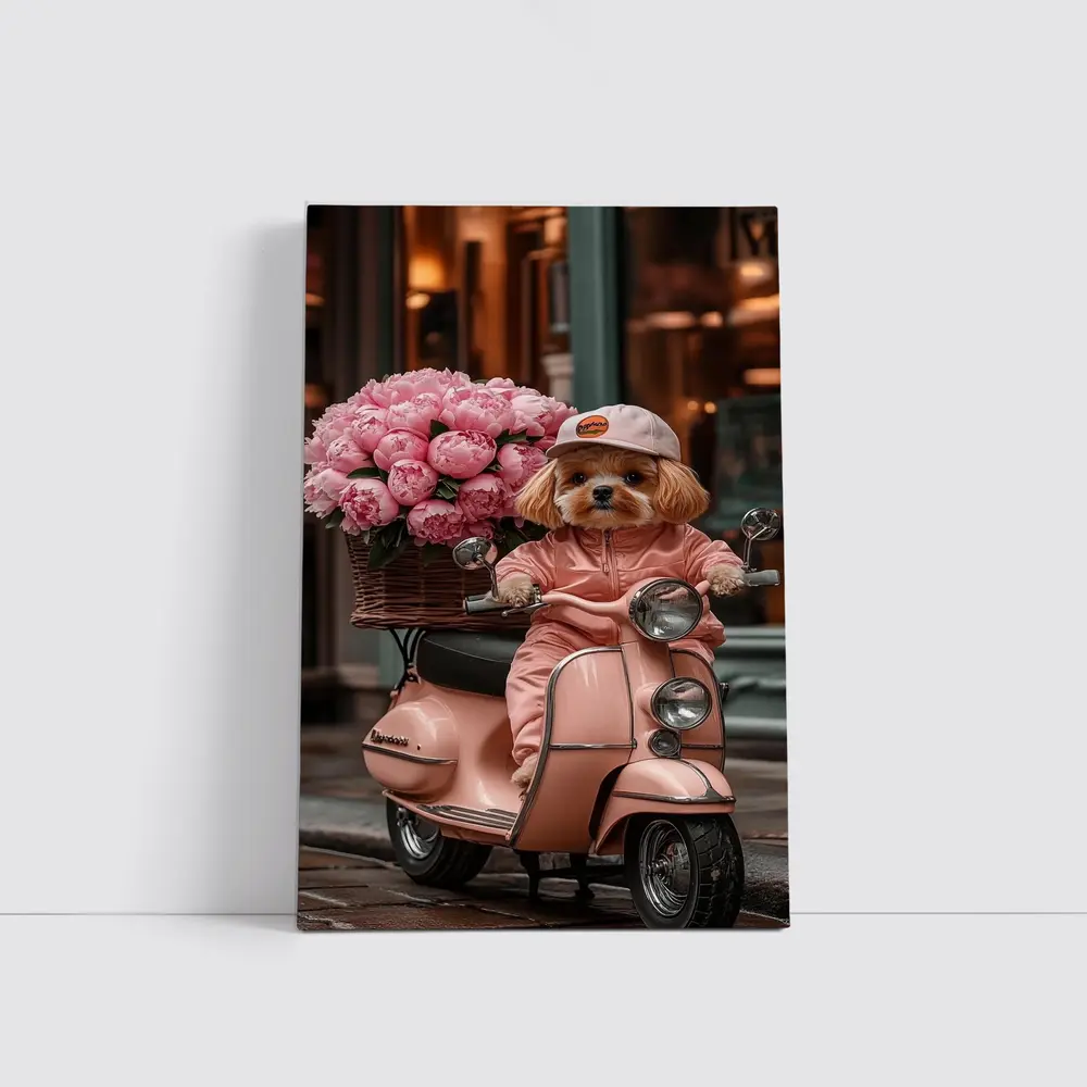 Cute Dog Riding Pink Scooter With Peonies – Wall Art