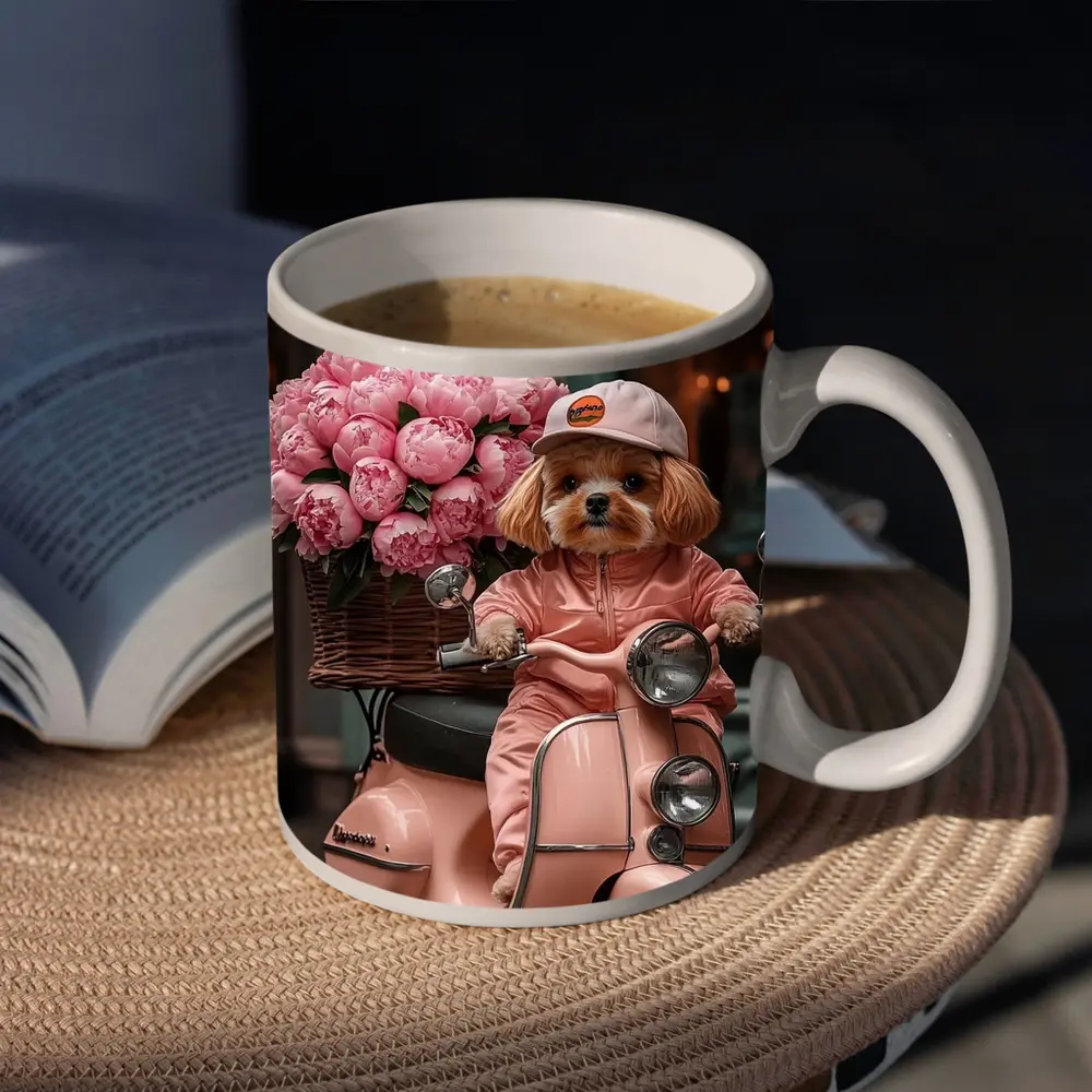 Cute Dog Riding Pink Scooter With Peonies – Mugs