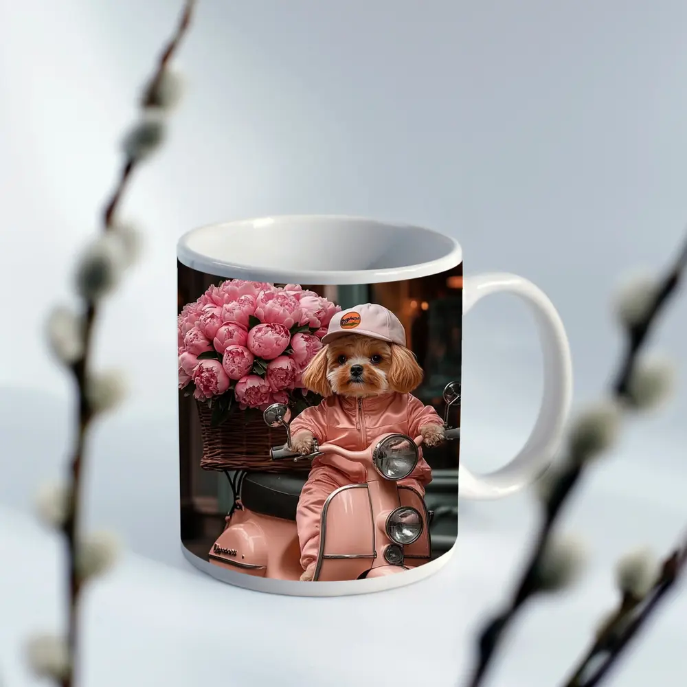 Cute Dog Riding Pink Scooter With Peonies – Mugs