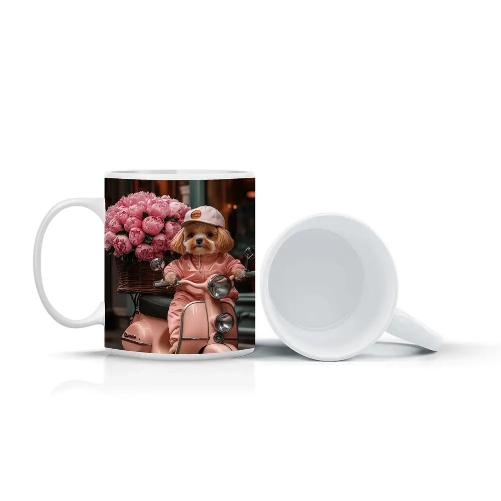 Cute Dog Riding Pink Scooter With Peonies – Mugs