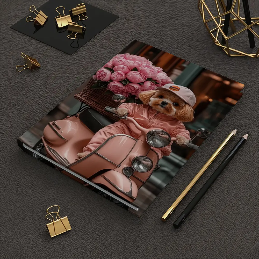 Cute Dog Riding Pink Scooter With Peonies – Notebooks