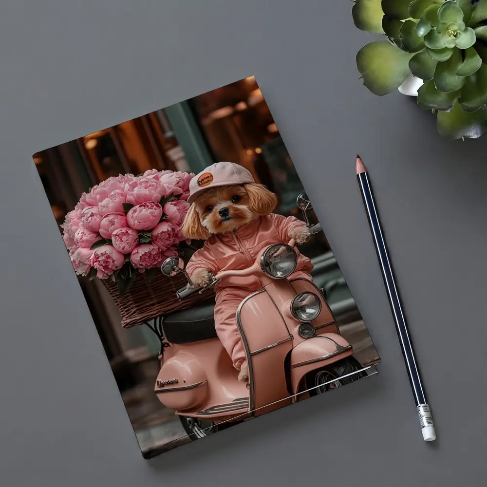 Cute Dog Riding Pink Scooter With Peonies – Notebooks