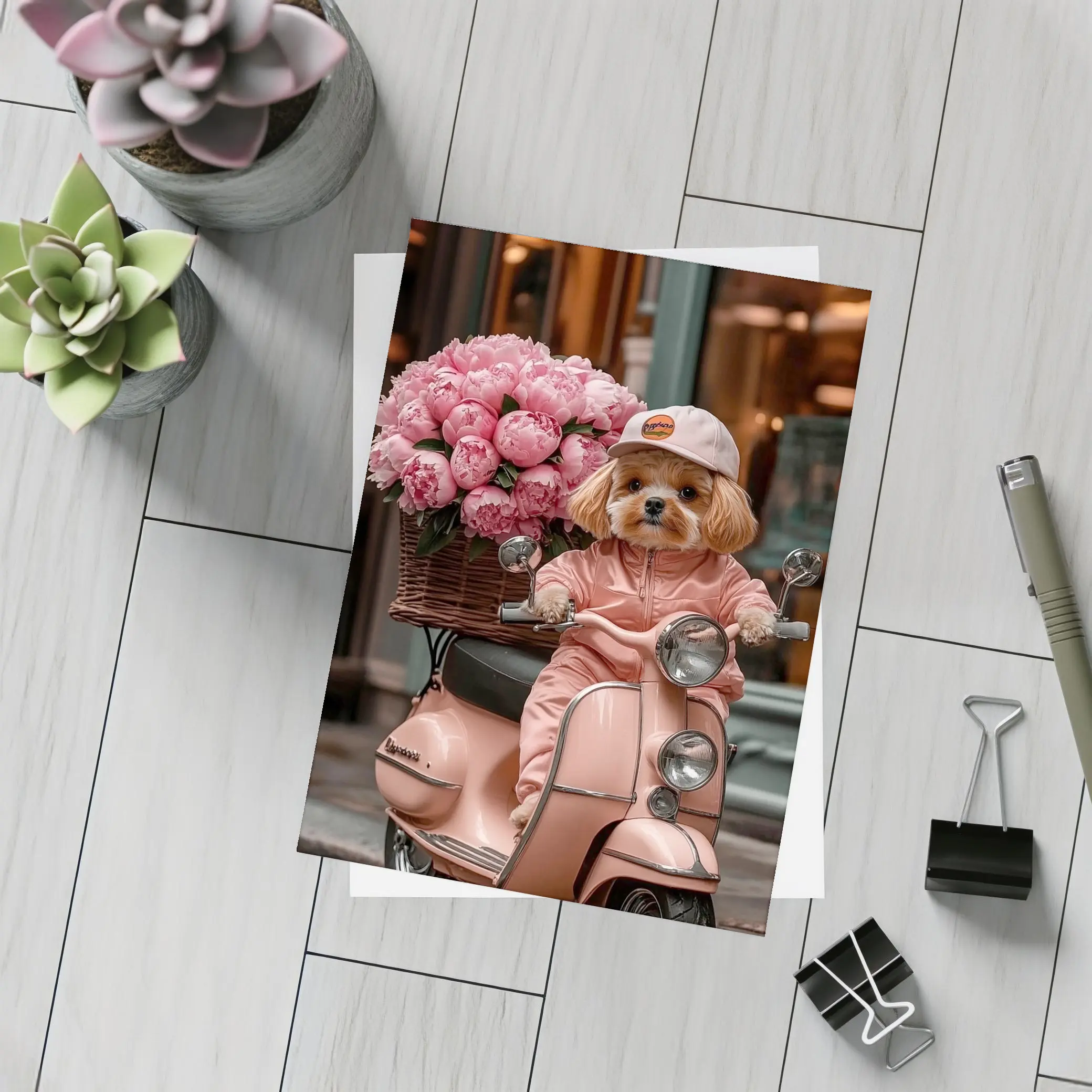 Cute Dog Riding Pink Scooter With Peonies – Postcards