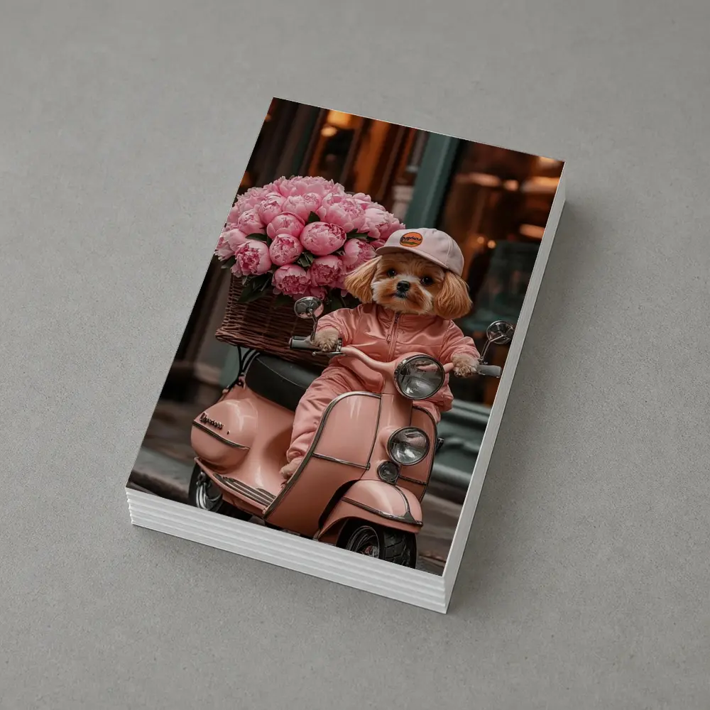 Cute Dog Riding Pink Scooter With Peonies – Postcards