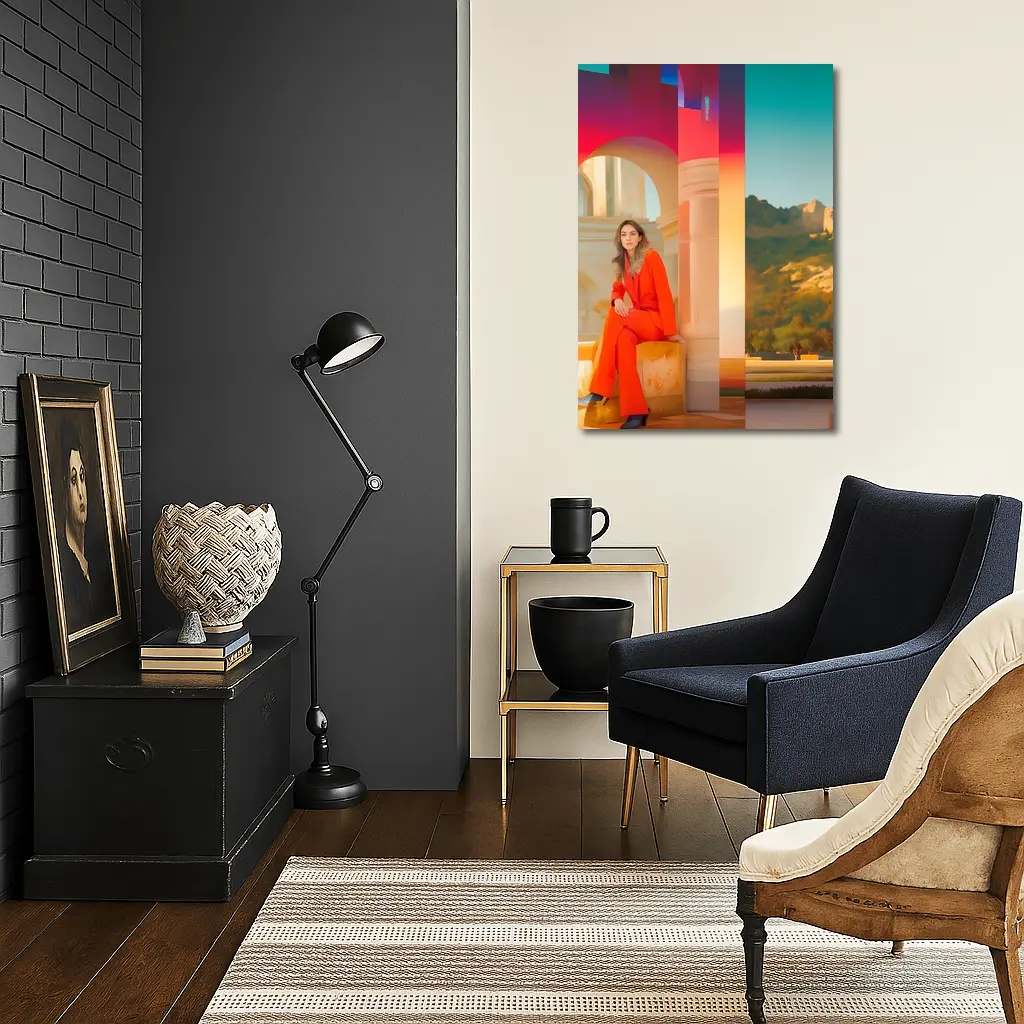 Woman Orange Suit Colorful Architectural Background – Wall Art