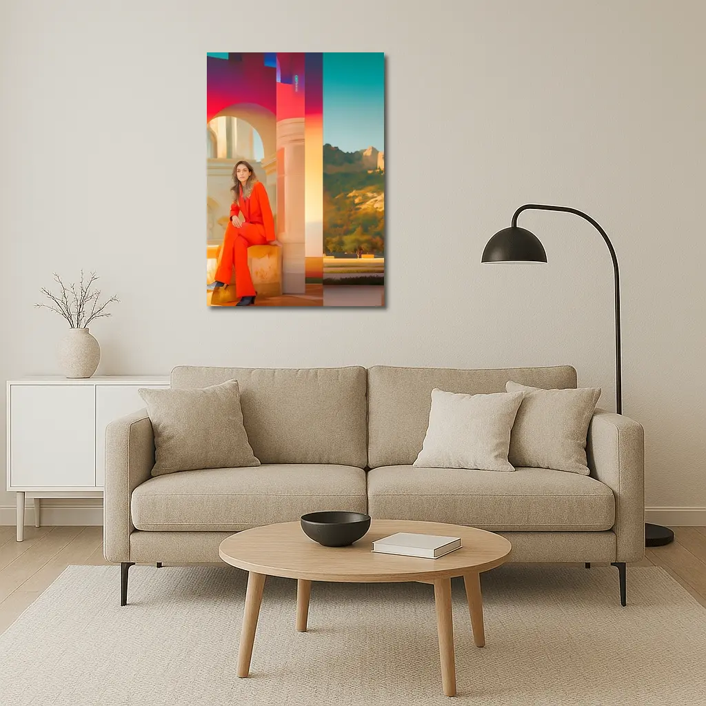 Woman Orange Suit Colorful Architectural Background – Wall Art