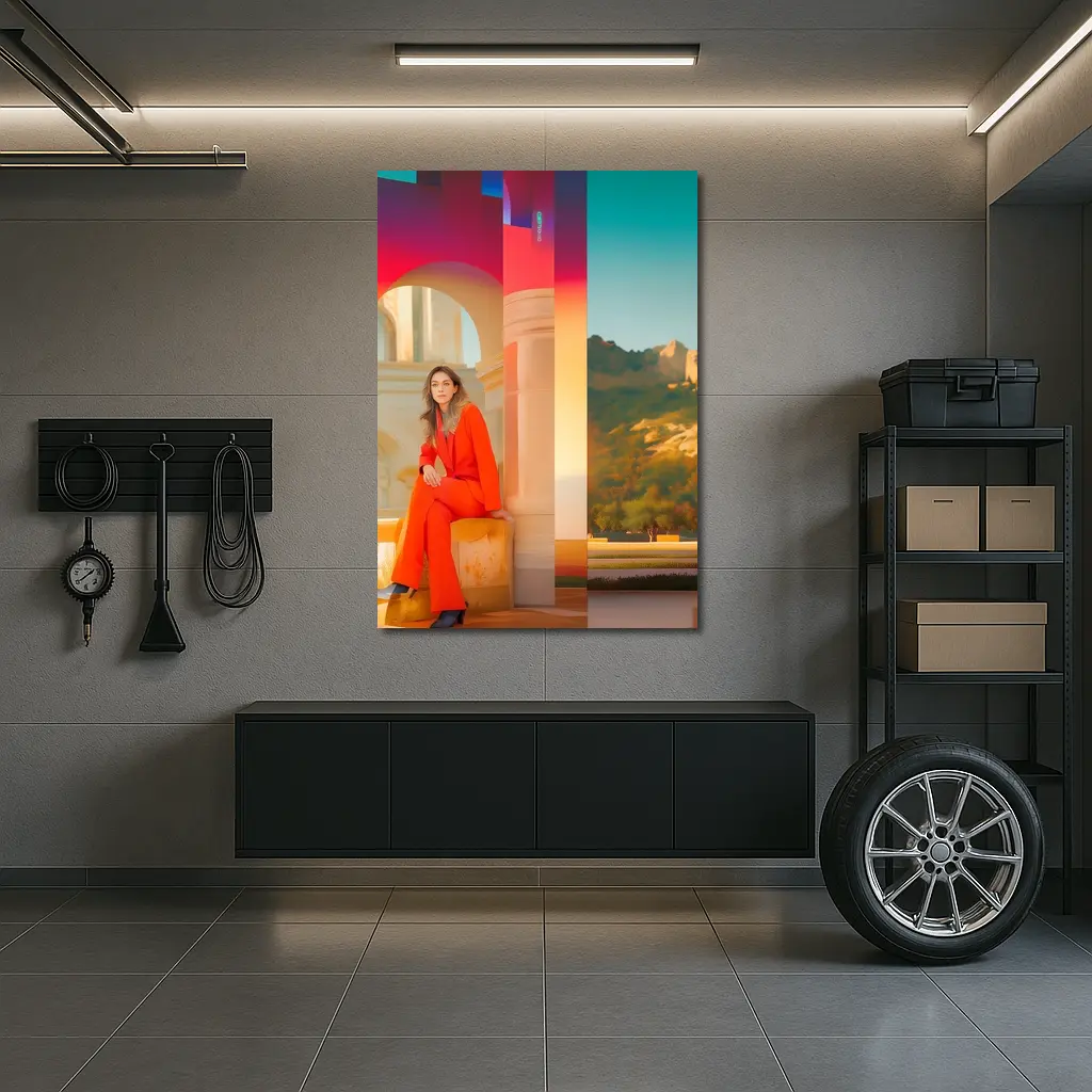 Woman Orange Suit Colorful Architectural Background – Wall Art