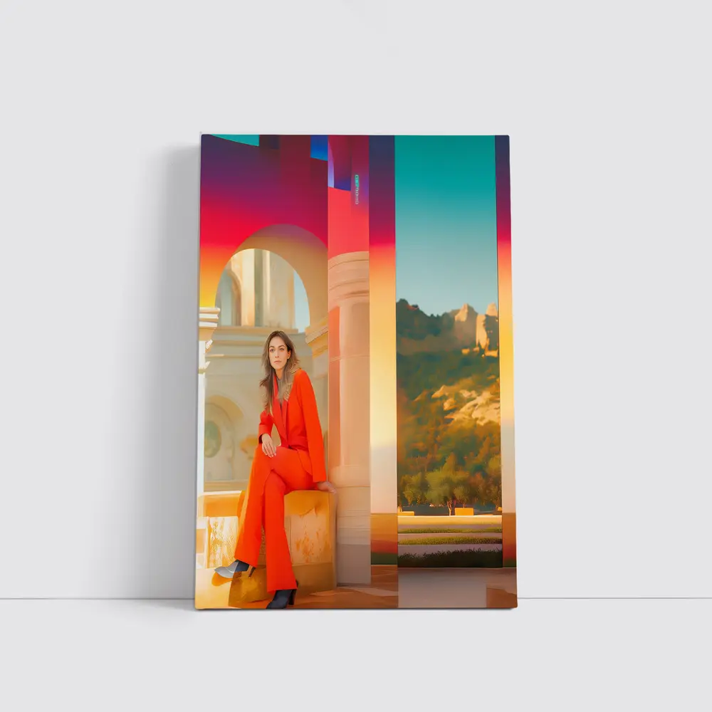 Woman Orange Suit Colorful Architectural Background – Wall Art