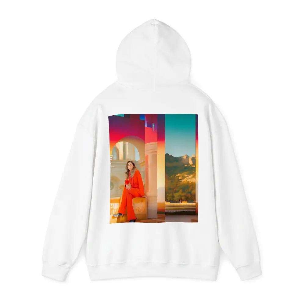 Woman Orange Suit Colorful Architectural Background – Hoodies
