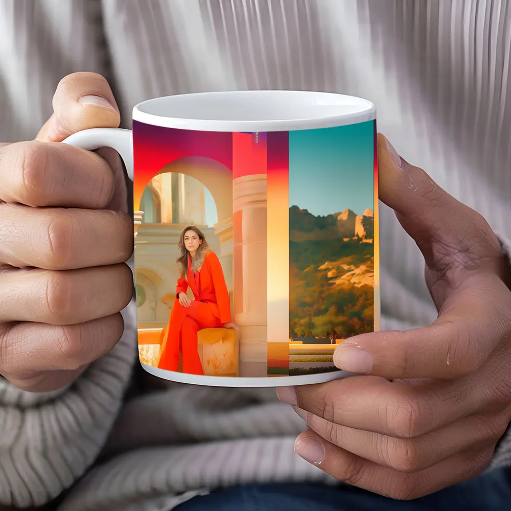 Woman Orange Suit Colorful Architectural Background – Mugs