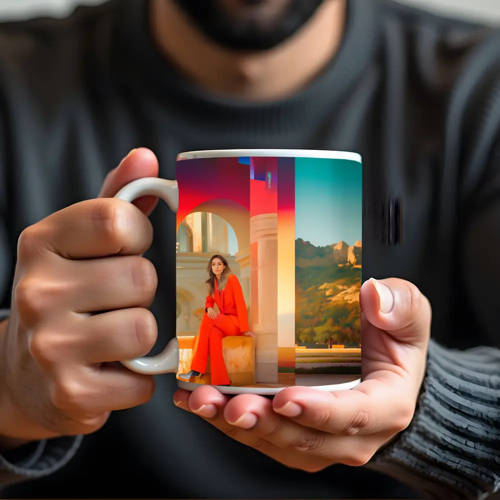 Woman Orange Suit Colorful Architectural Background – Mugs