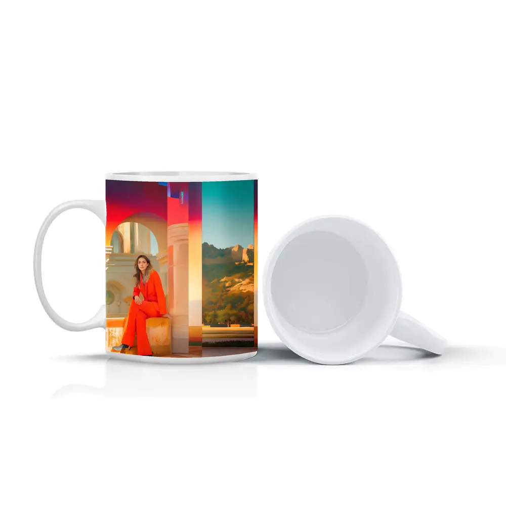 Woman Orange Suit Colorful Architectural Background – Mugs
